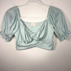 Altar’d State Women Teal Ribbed Puff-Sleeve Cropped Top Size Small